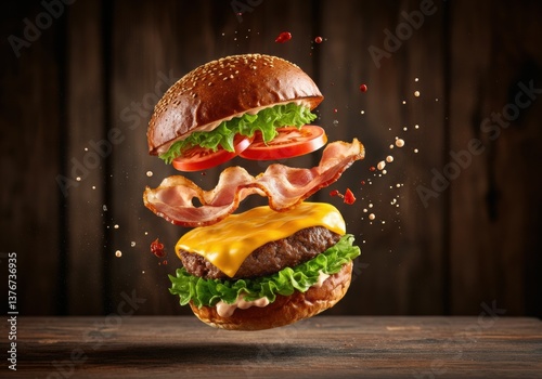 Delicious cheeseburger with fresh ingredients floating in mid-air