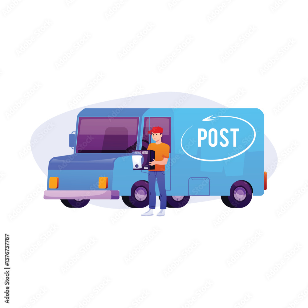 Fototapeta premium Delivery courier man carrying package with delivery truck, postal service, vector flat deliver parcel order to customer