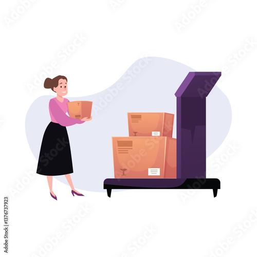 Woman checking weight of cardboard boxes, vector flat measuring boxes, scale weight cargo industrial shipping concept