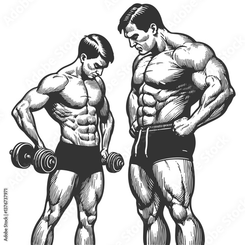 skinny young man facing massively muscular bodybuilder, symbolizing transformation, strength, and fitness goals sketch engraving generative ai vector illustration. Scratch board. Black and white image