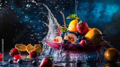 Fruits splashing in water with dramatic lighting