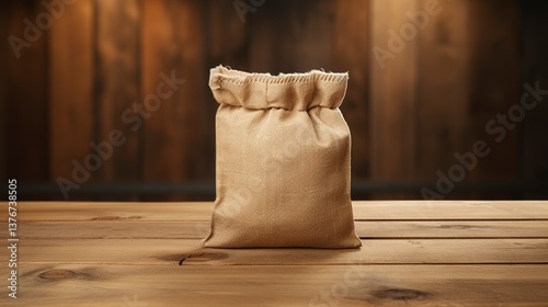 A photo of an empty coffee sack on a light wooden table.