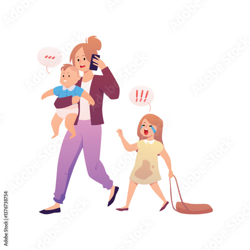 Young mother carrying baby in hand, speaking on smartphone and walking with crying and screaming capricious dirty girl