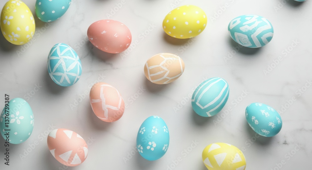 Colorful Easter eggs with intricate designs scattered on a marble surface Colorful Easter eggs with intricate designs scattered on a marble surface