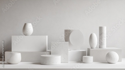 Monochromatic still life with white geometric shapes