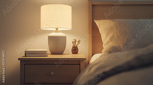 Bedside lamp with books on a wood nightstand next to a bed in a dimly lit bedroom.