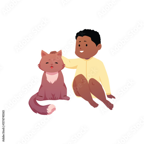 Cute happy baby sitting and caress fluffy cat, vector cartoon first year dark skin child with pet friend, affection