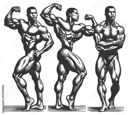 muscular bodybuilder striking a powerful pose, symbolizing strength, fitness, bodybuilding, and athleticism sketch engraving generative ai vector illustration. Scratch board. Black and white image.