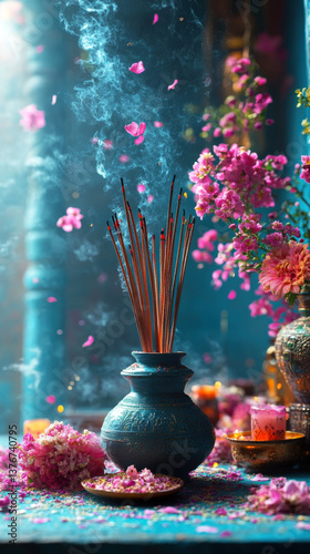 Aromatic incense sticks burning in ornate vase surrounded by flowers and candles.  Incense smoke. Spiritual ritual.    
