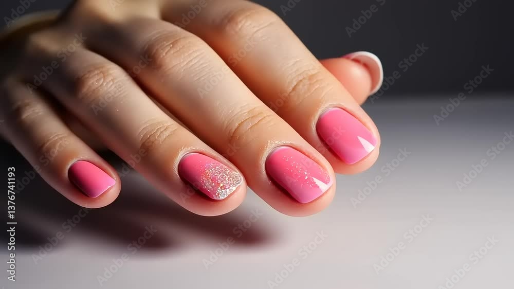 Close-up of a well-manicured hand showcasing vibrant pink nails with glitter accents against a neutral background Close-up of a well-manicured hand showcasing vibrant pink nails with glitter accents against a neutral background
