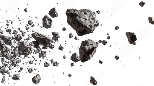Swarm of Asteroids Isolated on a White Background, Displaying Their Irregular Shapes and Textures for a Bold and Dynamic Space Illustration