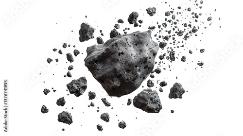 Swarm of Asteroids Isolated on a White Background, Displaying Their Irregular Shapes and Textures for a Bold and Dynamic Space Illustration