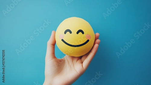 Happy Yellow Smiley Face Ball in Hand Positive Emotions Joyful Cheerful Upbeat Smiling Contentment Happiness Positive Vibrancy Bright Cheer Fun       