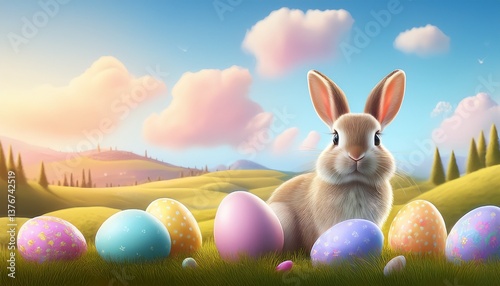 cartoon bunny sitting with easter eggs in a pastel landscape