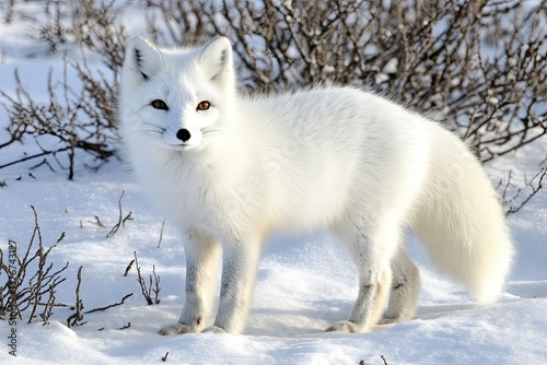 A white arctic fox, scientifically referred to as Vulpes Lagopus, inhabits the tundra during the winter season