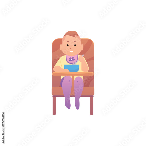 Cute lovely baby with bib sitting in high chair and eating with a spoon, vector cartoon first year child feeding, infant