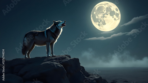 A lone wolf howling at a bright full moon in an empty landscape