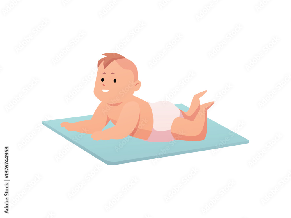 Obraz premium Cute lovely little baby in diaper lies on belly, vector cartoon first year toddler activity, happy boy girl infant play