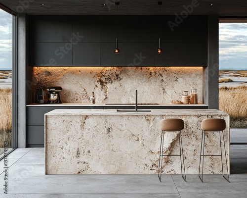 Modern kitchen design with island, marble countertops, and stunning natural view photo