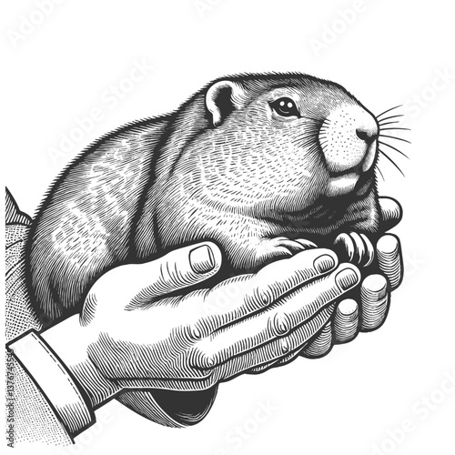 groundhog resting peacefully in human hands, symbolizing care, nature, and Groundhog Day sketch engraving generative ai vector illustration. Scratch board imitation. Black and white image.
