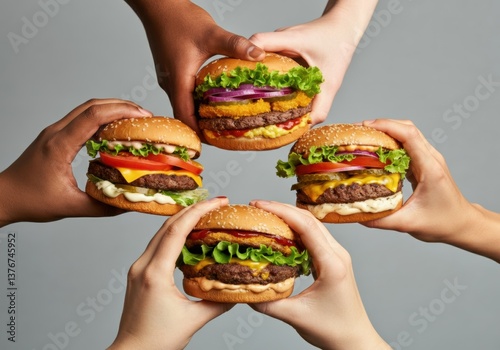 Diverse hands holding delicious burgers, showcasing a variety of toppings