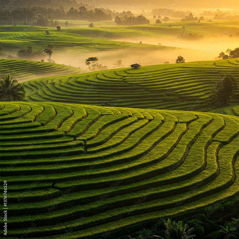 A breathtaking view of a rice terrace at sunrise, with mist gently rising between the layers of lush green fields. A breathtaking view of a rice terrace at sunrise, with mist gently rising between the layers of lush green fields.
