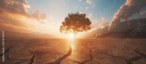 A 3D-rendered tree symbolizing climate change: one half vibrant with green energy and healthy nature, the other half decaying due to industrial pollution and conventional energy use