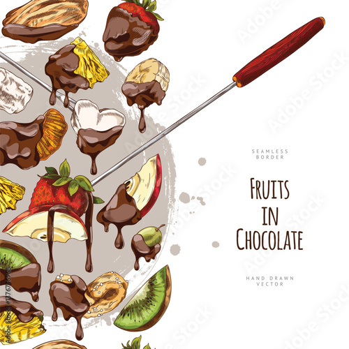 Vector watercolor sketch of fruit fondue in seamless poster side border.