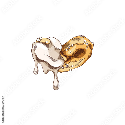 Puff pastry, ear or heart shape cookie in melted white chocolate hand drawn vector illustration, fondue biscuit sketch