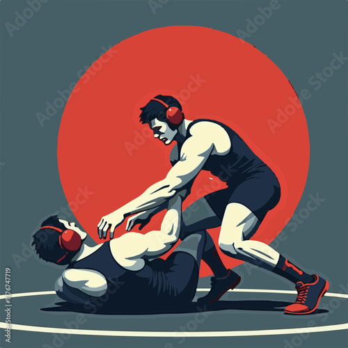 Wrestler executing a takedown on mat, dynamic competition