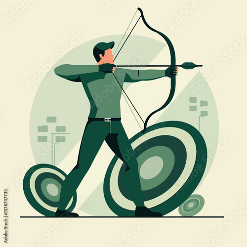 Focused archer aiming at target in geometric style, precision and skill
