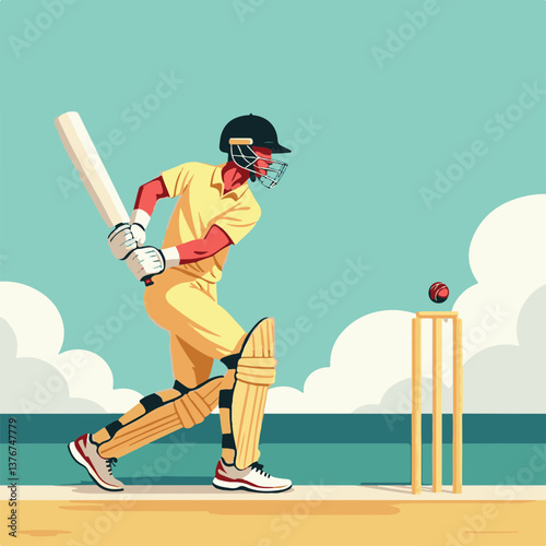 Batsman poised for bouncer on sunny field, dynamic cricket illustration