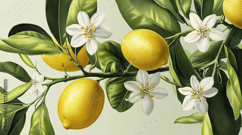 branch with yellow lemons and white blossoms vintage drawing style