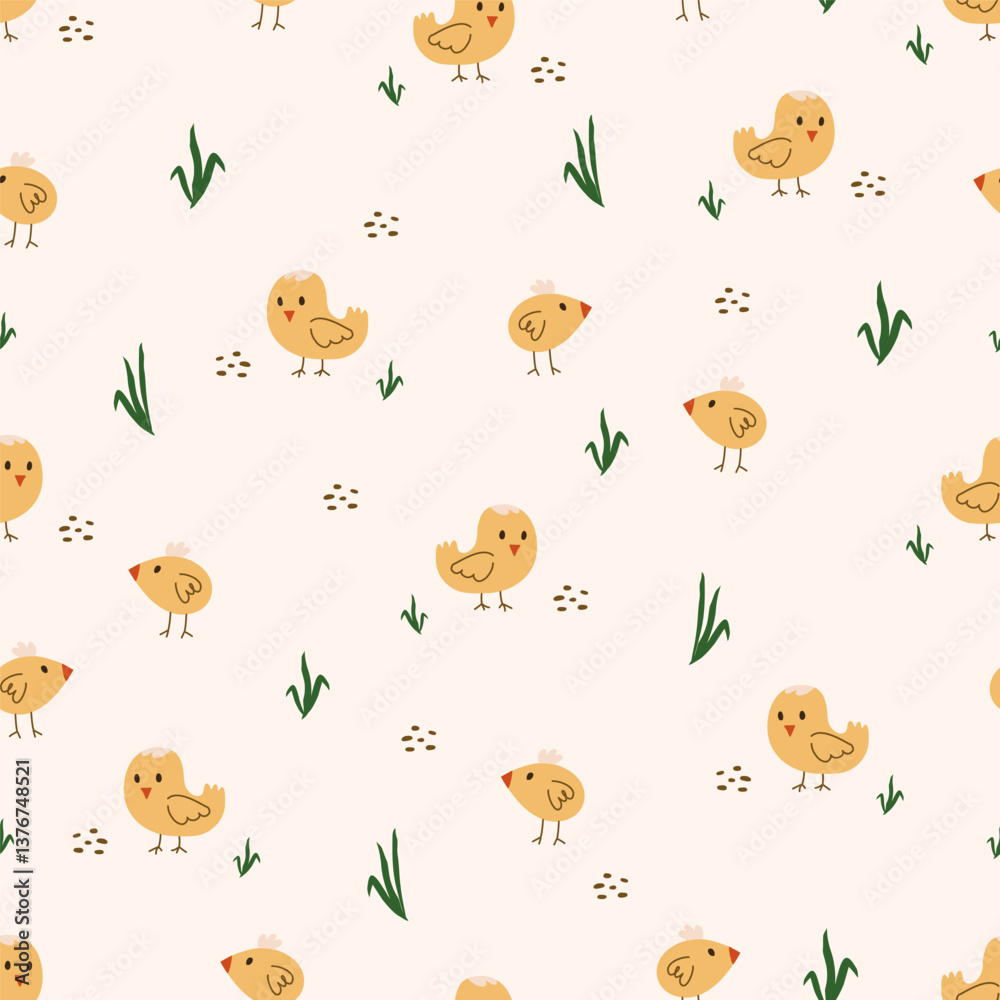 Fototapeta premium Chick seamless pattern. Easter and farm concept. Elegant vector texture for textile design, wrapping paper, poster and children design