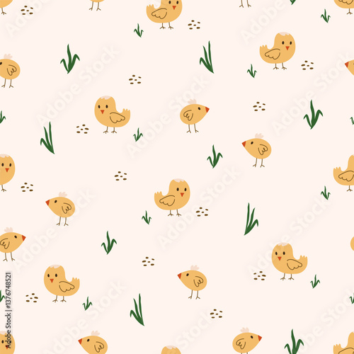 Chick seamless pattern. Easter and farm concept. Elegant vector texture for textile design, wrapping paper, poster and children design