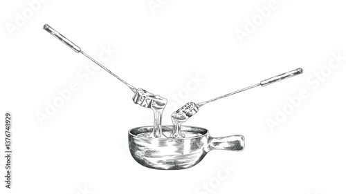 Cheese fondue vector ink sketch, engraved hand drawn melted cheese with bread slice on the skewer, fondue bowl