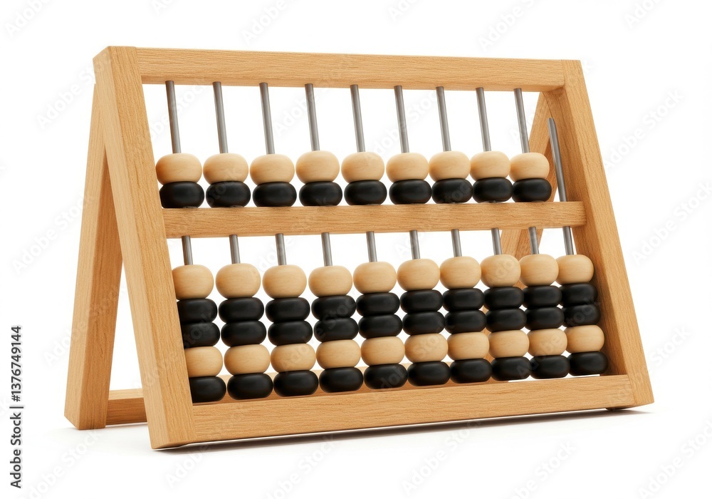 Close up of a wooden abacus with black and beige beads on a white background in a studio setting Close up of a wooden abacus with black and beige beads on a white background in a studio setting