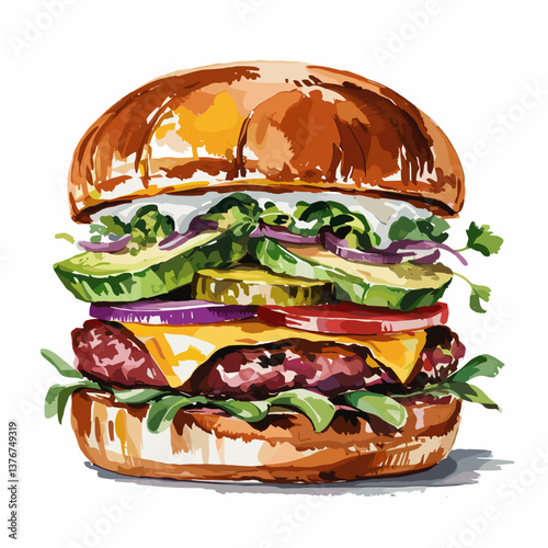 Watercolor Avocado Cheeseburger with Fresh Greens and Pickles
