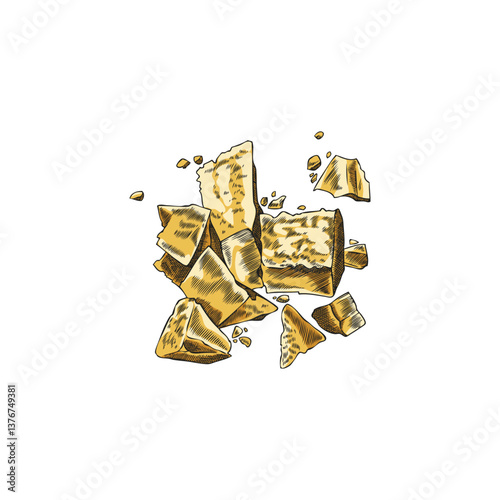 A pile of yellow cheese cubes sketch, Parmesan cheese grated pieces heap, milk food production, hand drawn vector