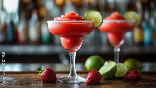 Refreshing frozen strawberry margaritas served with lime at a vibrant bar