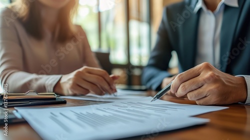 Couple carefully reviewing contract terms during important negotiation session