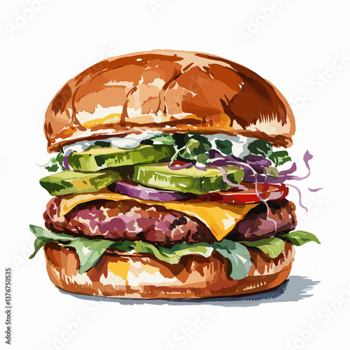 Watercolor Avocado Cheeseburger with Fresh Greens and Pickles