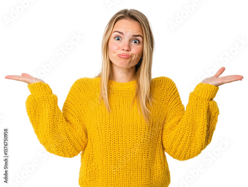 Woman in Yellow Sweater Making a Confused Expression with Shrugging Hands Against a Transparent Background for Cheerful and Relatable Stock Photo Use