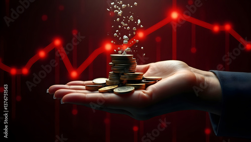 Hand carefully holding a stack of coins with rubble falling on them against a falling red chart. Inflation, financial instability, market crash, economic downturn and investment risk.