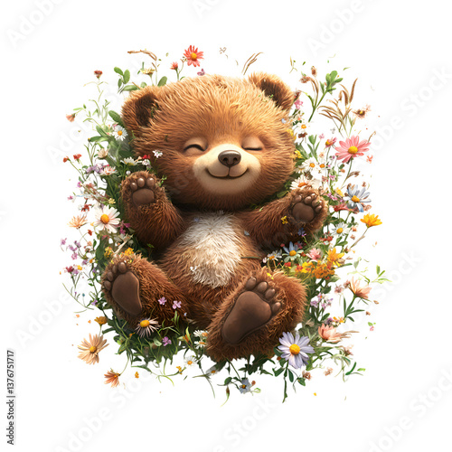 A Fluffy 3D Cartoon Bear Cub Rolling Around in a Field Isolated on Transparent Background