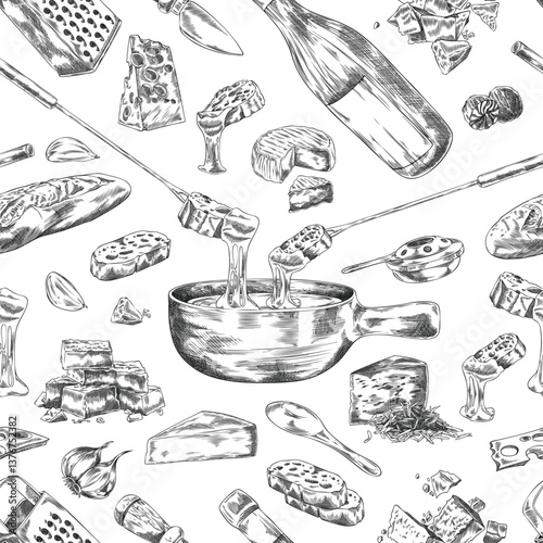 Monochrome seamless background with fondue ingredients and equipment, hand drawn vector.