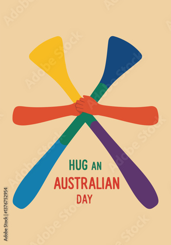 Hug an Australian Day Vector Design with Koalas, Kangaroos, Australian Wildlife, and Culture in Solid Colors for Celebrating Kindness and Unity