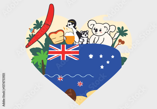 Hug an Australian Day Vector Design with Koalas, Kangaroos, Australian Wildlife, and Culture in Solid Colors for Celebrating Kindness and Unity