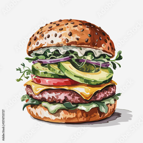 Watercolor Avocado Cheeseburger with Fresh Greens and Pickles