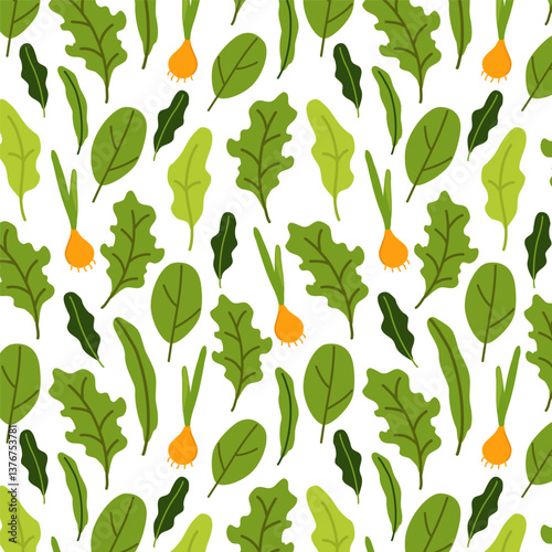 Seamless pattern with Fresh green leaves. Popular culinary herbs leaf for cooking. Green Lettuce salad leaves,  Arugula, Chives and spinach. Color illustration for printing on paper, banners, posters,